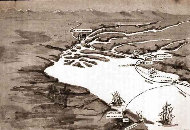 mapa de la época del Río de la Plata y Paraná con ubicación de la muerte de Solís y fuerte Sanct Spiritu